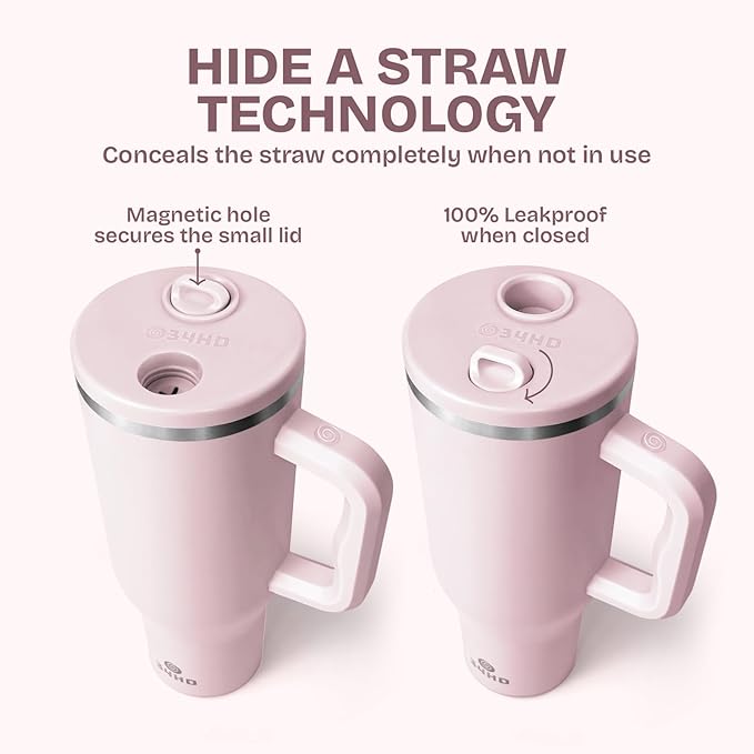 34HD 40 oz Stainless Steel Tumbler - Leakproof Insulated Water Bottle with Handle, Magnetic Lid and Flexible Straw - Iced for 48 Hours – Perfect for Men, Women, Birthday Gift, Pink - Rose Dust