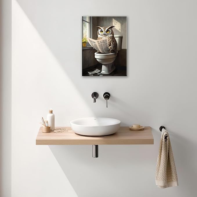 Owl Bathroom Wall Art, Funny Owl Toilet Pictures Wall Decor, Bird Canvas Prints, Animal Painting, Framed Artwork for Bathroom Living Room Bedroom Office Dining Room 20"X16"