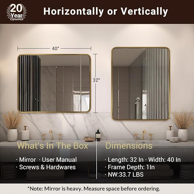 ANDY STAR 40x32 Inch Gold Bathroom Mirror, Brushed Gold Mirrors for Wall in Anti-Rust SUS304 Tube Metal Frame, Rounded Rectangle Mirrors 1’’ Deep Wall Mounted Vertically/Horizontal for Bathroom