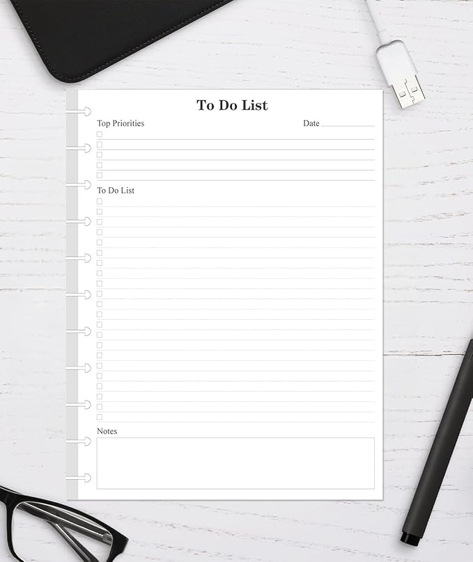 Letter Size TUL Discbound To Do List Refills, 11 Disc Daily Planner Insert, 100Sheets / 200Pages To Do Paper, 100gsm White Paper, 8.5'' x 11''