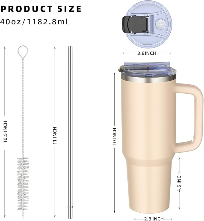 40 oz tumbler with handle and straw,Double Wall Vacuum Reusable Stainless Steel Insulated Water Bottle,With Leak Proof lid and Straw for Iced or Cold Beverages (Rose Quartz)