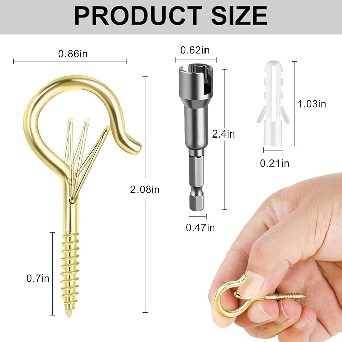 FSAH 48 PCS Q-Hanger Hooks, Screw Hooks for Outdoor String Lights, Safety Buckle Design Cup Eye Hook for Hanging Christmas Lights, Plants, Mounted on Wall Ceiling, Include 1 Wing Nut Driver, Gold