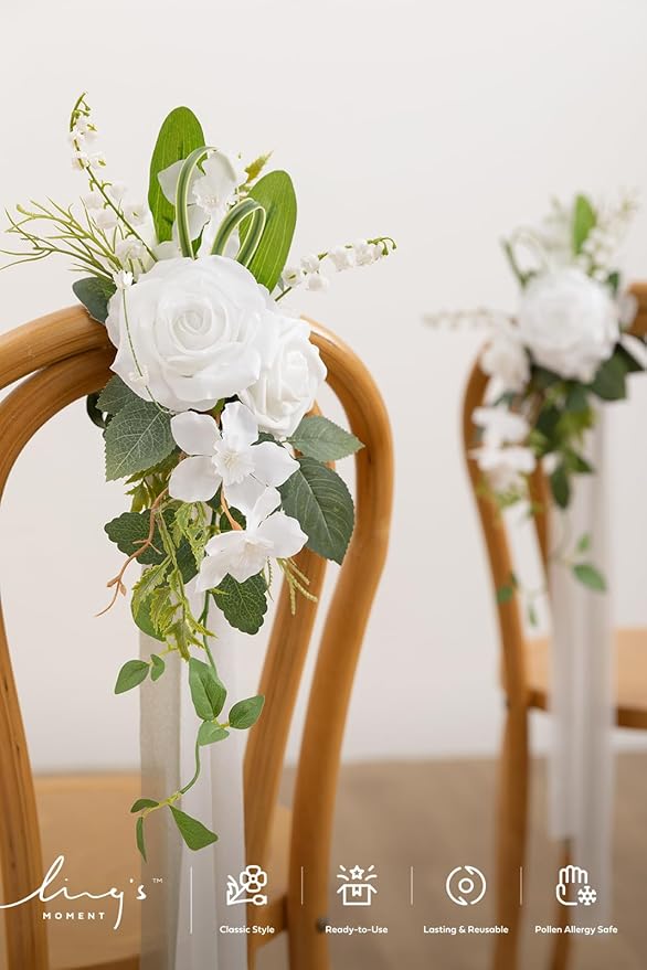 Ling's moment 8 Wedding Artificial Aisle Pew Flowers Chair Decorations Arrangements with Chiffon Ribbons Lily White for Ceremony Reception Chair Back Floral Decor Reception Church Party Outdoor