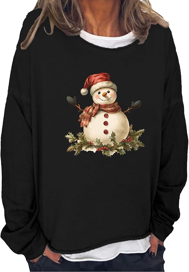 LOAIHA Christmas Shirts for Women Crewneck Snowman Snowflake Santa Graphic Shirts Christmas Tree Long Sleeve Xmas Hoodie
