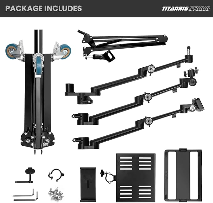 TARION Live Streaming Stand with Wheels - 61"/155cm 5-in-1 Stream Stand Equipment Kit: 1 Mic Boom + 3 Articulated Arms + 1 Projector Holder, Adjustable Heavy-duty Floor Live Tree Stand Setup TitanRig