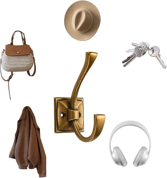 5 Pack Decorative Heavy Duty Towel Hooks for Hanging Robe Double Vintage Antique Brass Coat Hooks Wall Mounted with Screws for Key, Towel, Bags, Cup, Hat