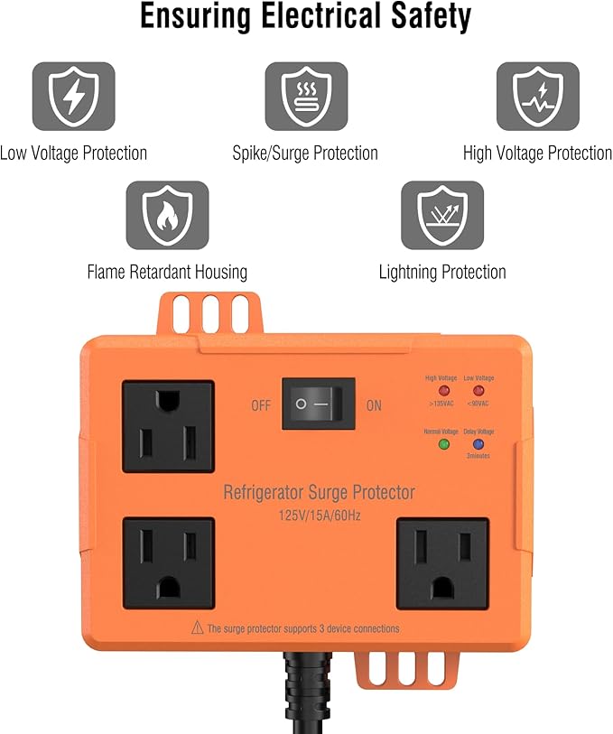 3 Outlet Refrigerator Surge Protector with Time Delay, Voltage Protector for Home Appliances, Protects Against Brownout, Spike, Instant Surge All Voltage Abnormalities, 14 AWG Power Cord (6FT)