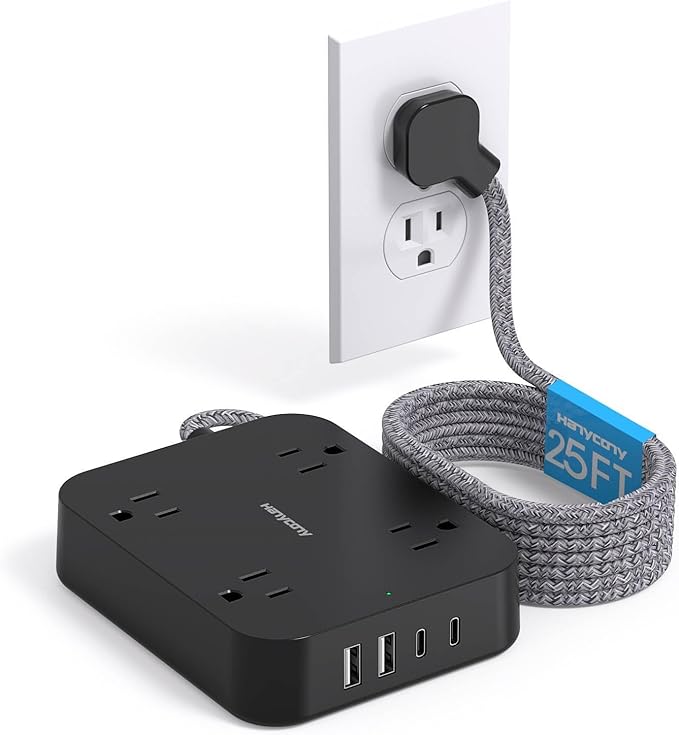 Black Extension Cord 25 Ft, HANYCONY Ultra Thin Flat Plug Power Strip with 4 Outlets 4 USB Ports (2 USB C), Wall Mount, Desk Charging Station for Office, Travel and Dorm Room Essentials