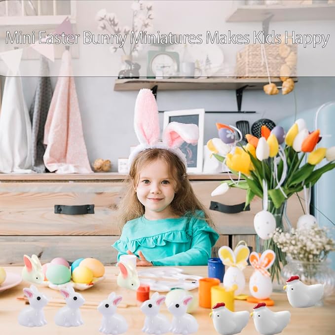 80Pcs Rabbits,Chickens and Eggs Miniature Figurines, Mini Resin Easter Bunny Rabbits Chickens and Easter Eggs for Garden Decor Miniature Ornaments for Dollhouse DIY Cake Home Decor
