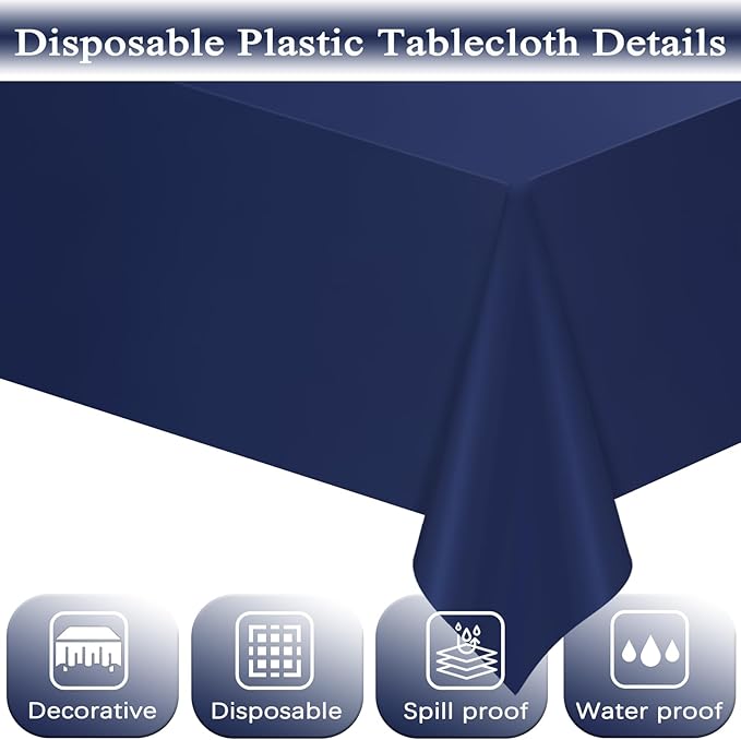 WNINK 2 Pack Navy Blue Tablecloths Dark Blue Rectangle Disposable Plastic Table Cloths 54" x 108" for Birthday, Retirement, Bridal Shower, Wedding, BBQ, Picnic Parties