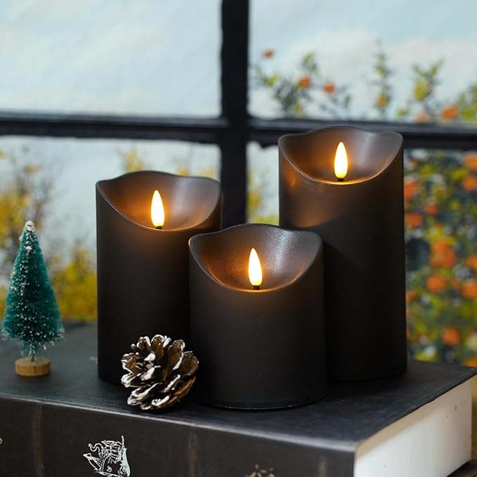 Flameless Candles with Remote, Battery Operated Flickering Flameless Candles, LED Candles with Timer 2/4/6/8H, with Realistic LED Candles Set of 9 (D3 x H 3" 4" 5" 6" 7") (Black)