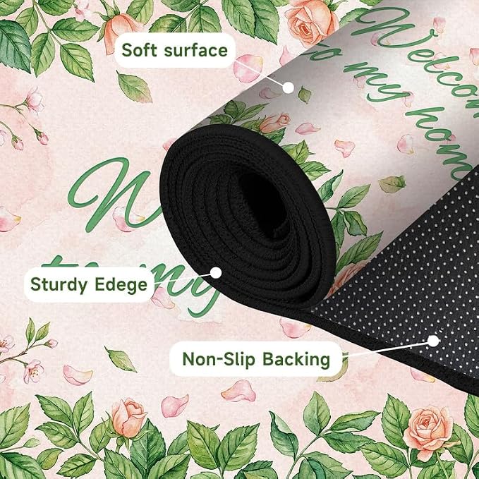Welcome Rug Floral Area Rug for Entryway Bedroom Living Room Nursery Playroom Classroom Home Decor Pink Rose Green Leaf Carpet Non-Slip Washable Floor Mat,3'x5'