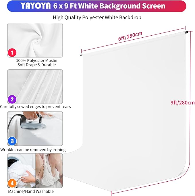 White Backdrop with Stand, 6x9 ft White Photo Backdrop Curtain with 6.3x6.5 ft Background Stand, Portable Back Drop Support Kit with Carrying Bag, 5 Strong Spring Clamps