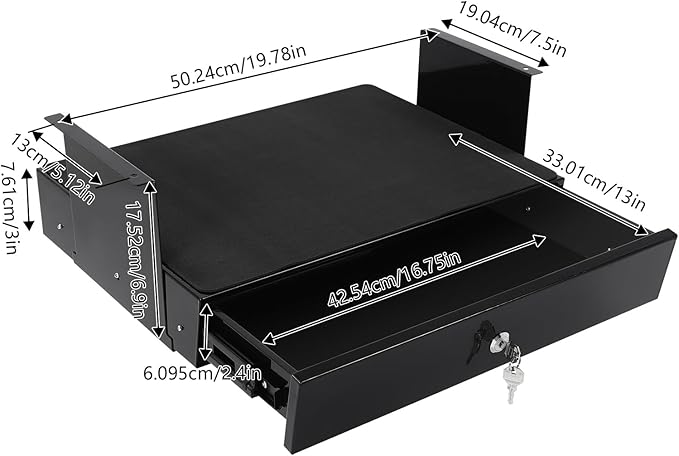 LEYSRIS 19.78" Under Desk Storage Drawer, Locking Design Black Sliding Pull-Out Drawer for Sit Stand Workstation