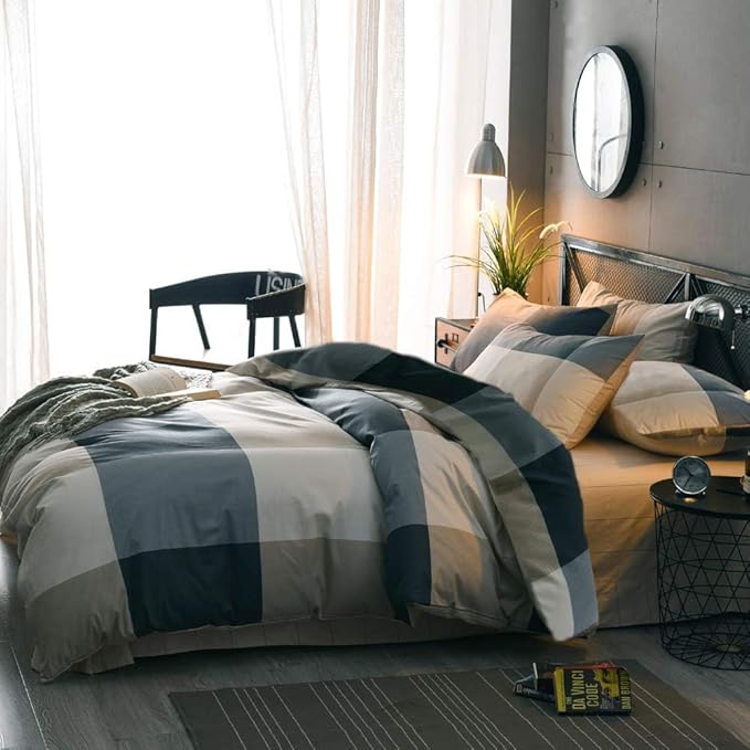 King Comforter Set Modern Style Checkered Pattern Comforter Boho Plaid Comforter Set 1 Geometric Comforter with 2 Pillow Shams Fluffy Bedding Set for All Seasons King Size Comforter Set for Men Women