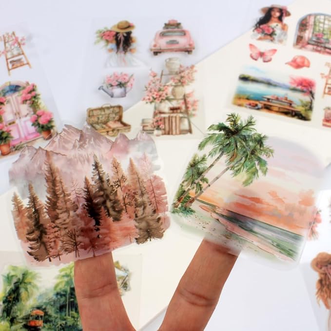 Dwpetzo Summer Beach Pre-Cut Journal Sticker Book for Junk Journaling, Transparent PET Landscape Stickers for Scrapbook Supplies, Scrapbooking, Collage, Planners, Bujo, 20 Sheets