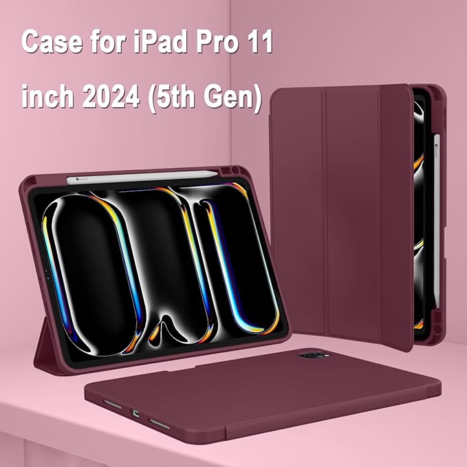 ZryXal iPad Pro 11 Inch Case (M5) 2025/ (M4) 2024 (Model: A2836/A2837/A3006), Trifold Stand Smart Cover with Pencil Holder and Soft TPU Back, Auto Wake/Sleep (Wine)