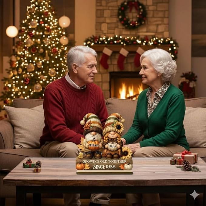 Personalized Gnome Couple Figurine, Growing Old Together Since 1958, Custom Autumn Decoration, Unique Fall Holiday for Couple, Engraved Family Ornament for Parents and Grandparents