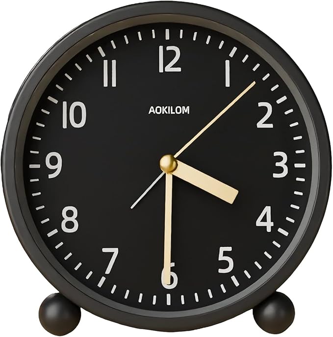 AOKILOM Analog Alarm Clock, Non-Ticking Silent Travel Small Clock, Battery Operated with On-Demand Light, Easy Set Gentle Wake, Ideal Decor for Bedroom, Bedside, Desk,Office (Black)