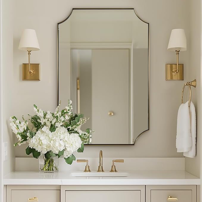 ANDY STAR Brushed Gold Bathroom Mirror, 22x30 Inch Scalloped Rectangle Mirror, Gold Bathroom Vanity Mirror, Antique Brass Mirror in Anti-Rust Stainless Steel Metal Frame for Bathroom, Entryway
