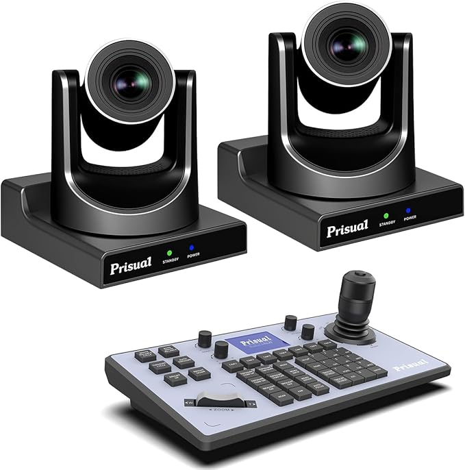 Prisual PTZ Camera System Gen 5, 30X Optical Zoom, Advanced AI Auto Tracking, PoE HDMI SDI Bundle PTZ for Church Worship,NDI PTZ Controller, (PTZ Bundle TEM-30S PROx2+TEM-JOY1)