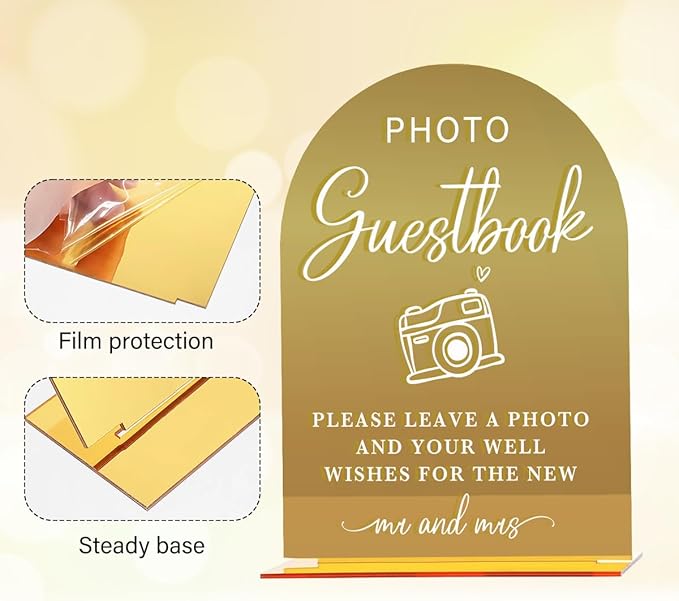Acrylic Wedding Sign, Bridal Shower Decorations, Photo Guestbook Sign for Ceremony, Modern Font Table Signs, Gold Mirror Arched Acrylic Tabletop Signs for Wedding Reception and Event Party