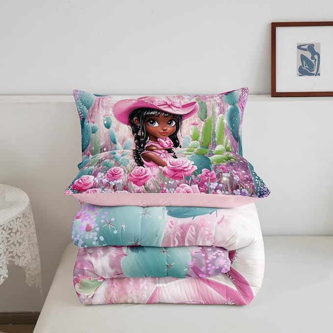 Pink Cowgirl Comforter Set Twin Size,Reversible Southwest African Style Black Bedding Set for Kids Boys Men,Western Floral Desert Cactus Sparkling Quilted Duvet Set with 1 Pillowcase