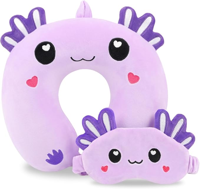 Travel Pillow, Kids Travel Pillow with Sleep Eye Mask Soft Memory Foam Kids Neck Pillow for Boys & Girls, Travel Accessories for Car Airplane Traveling - Purple Axolotl
