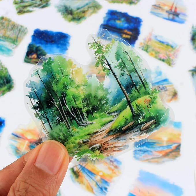 120PCS Large PET Nature Scenery Stickers for Journaling, 2.76 x 2.76 inches, 6 Assorted Landscape Scrapbook Stickers for Scrapbooking, Craft Art, Bujo, Junk Journal Supplies, Collage Decorative