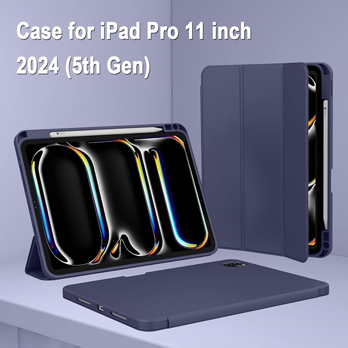 ZryXal iPad Pro 11 Inch Case (M5) 2025/ (M4) 2024 (Model: A2836/A2837/A3006), Trifold Stand Smart Cover with Pencil Holder and Soft TPU Back, Auto Wake/Sleep (Dark Blue)