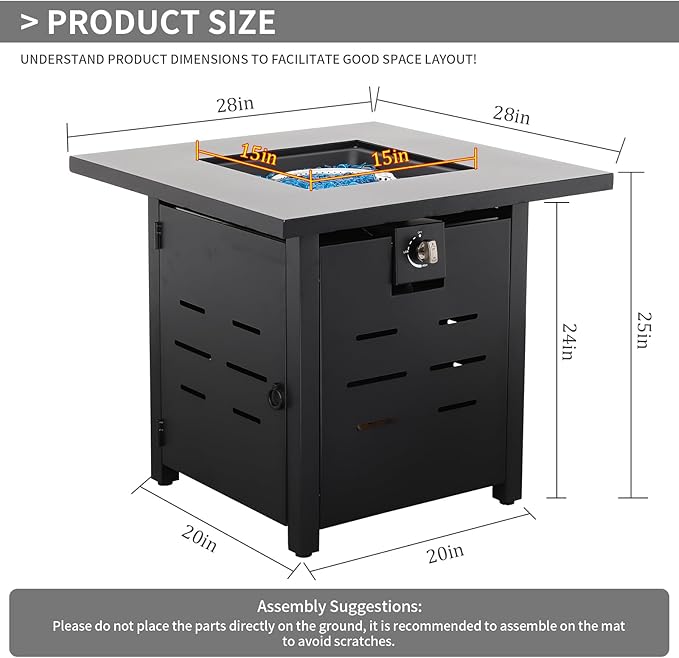 Propane Fire Pit 28 Inch Outdoor Fire Pit 50000 BTU Square Gas Fire Table with Steel Lid Blue Crystal Beads and Waterproof Cover for Outside Patio and Garden