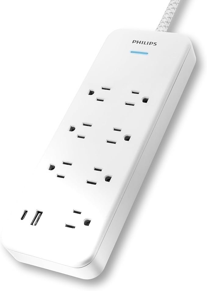 Philips 7-Outlet Surge Protector with USB Charging, 6ft Braided Extension Cord, 1USB-A, 1USB-C, 1500J, Adapter Spaced, Outlet Extender Power Strip, White - SPP3983W/37