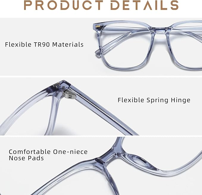 MACJERO Oversized Square Blue Light Blocking Glasses for Women Men, Anti-Fatigue Computer Monitor Gaming Glasses Reduce Eye Strain(transparent Grey)