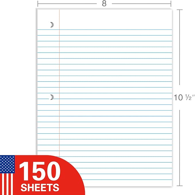 WritePads Notebook Paper Wide Ruled Loose Leaf Paper, Standard 8"x10-1/2" Bulk Lined Paper, 3 Hole Punched Filler Paper For 3 Ring Binder,150 Sheets/Pack, 4 Pack, White, MADE IN USA