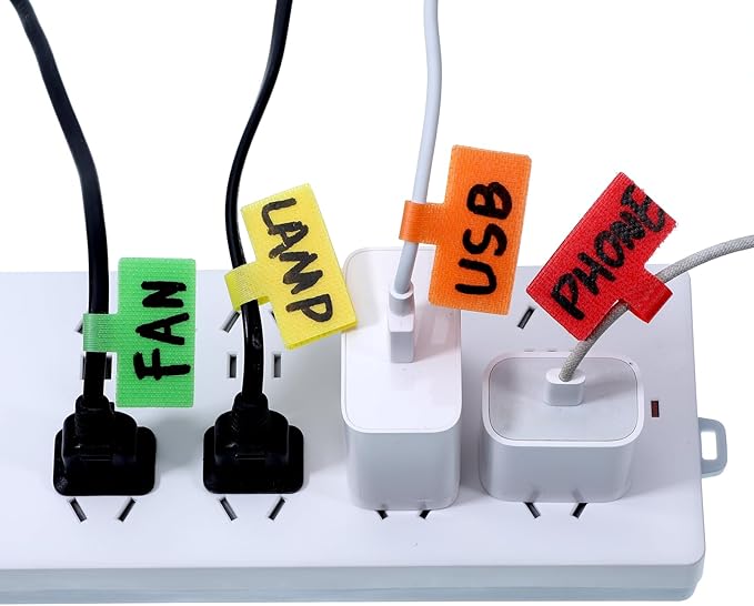 24Pcs Cable Lables, Multi Color Durable Cable Lables Large Size for Organizing Wires and Identification Write On Cord Label Tags for Electronics Self-Adhesive Nylon Label Waterproof Reusable