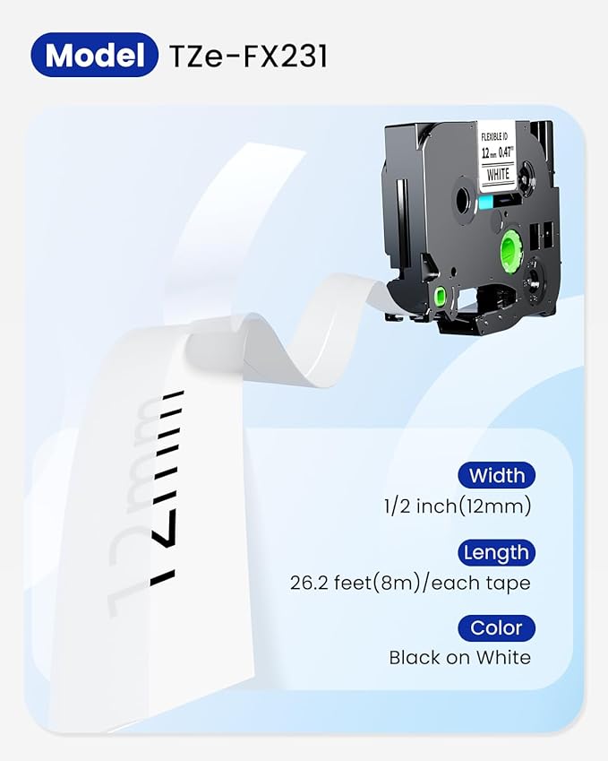 Replacement for Brother Flexible-ID TZe-FX231 12mm 0.47'' Laminated White P Touch TZe TZ Flexible Cable Wire Tape for PT-D200 PT-D220 PT-D210 PT-D600 PT-D400 PT-H100 PT-H110, 1/2" x 26.2', 4-Pack