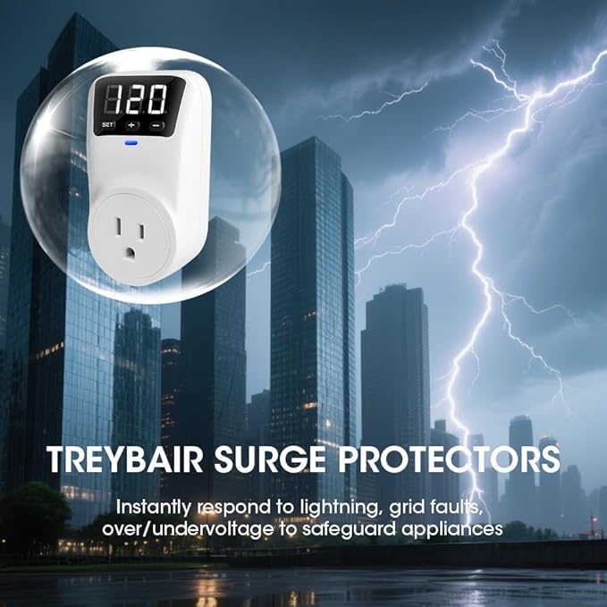 Refrigerator Surge Protector Voltage Stabilizers - Fireproof UL94V-1 Wall Mount Surge Protector Outlets for TV Appliances Real-Time Monitoring & Custom Voltage 80V-140V, 15A, 120V, 1800J,3 Pack