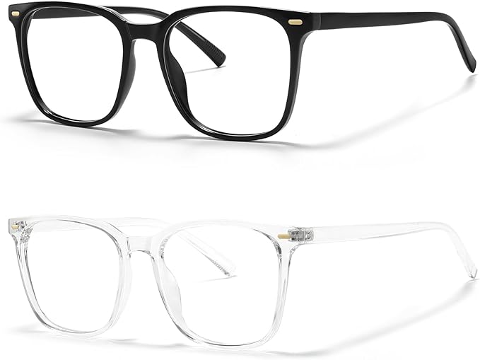 MACJERO 2-Pack Oversized Square Blue Light Blocking Glasses for Women Men, Anti-Fatigue Computer Monitor Gaming Glasses Reduce Eye Strain(Black+Clear)