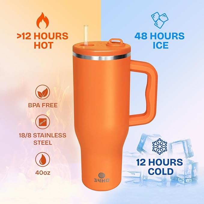 34HD 40 oz Stainless Steel Tumbler - Leakproof Insulated Water Bottle with Handle, Magnetic Lid and Flexible Straw - Iced for 48 Hours – Perfect for Men, Women, Birthday Gift, Orange - Tangerine Glow
