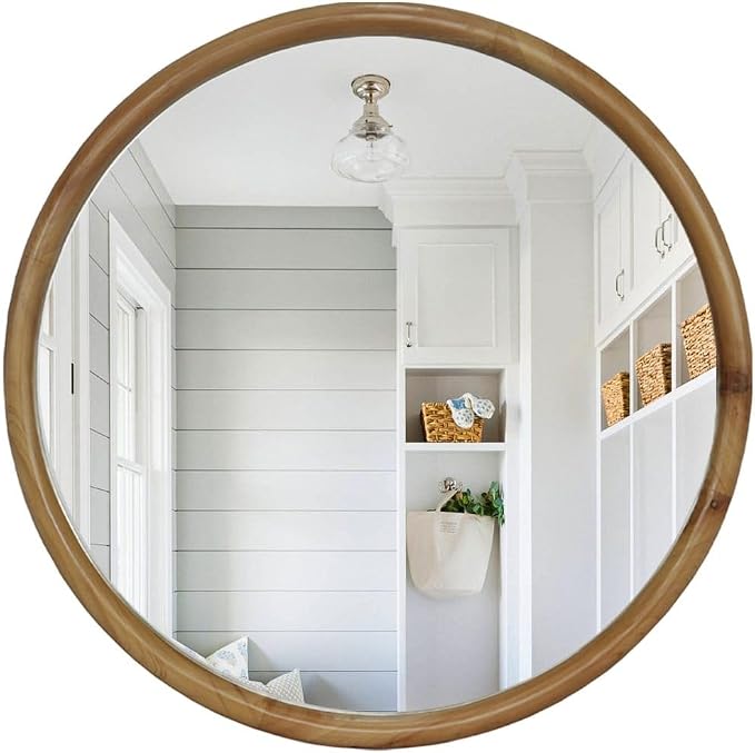 31.50" Round Wood Framed Wall Mirror Natural Wooden Circle Mirror for Bathroom Entryway Mid-Century Modern Decorative Mirror