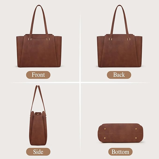 RAINSMORE Laptop Bag for Women 15.6 Inch Work Tote Bags Waterproof Computer Bags Leather Professional Laptop Purse Womens Laptop Briefcase Large Handbag for Office Teacher Travel, Retro Brown