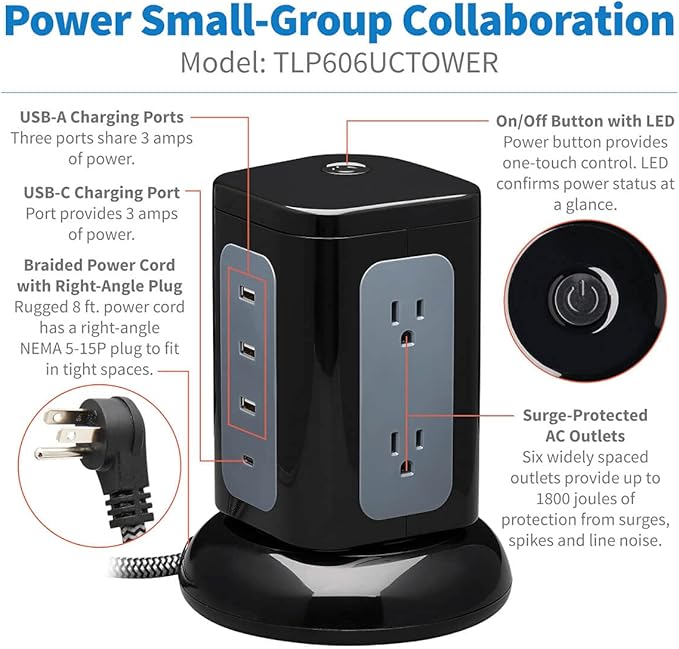 Tripp Lite TLP606UCTOWER Charging Tower Power Strip Surge Protector & Charging Station with USB Ports, 1800 Joules, 6 Outlets, 3 USB-A + 1 USB-C, 8ft Cord, Dorm Room Essentials Desk Accessory