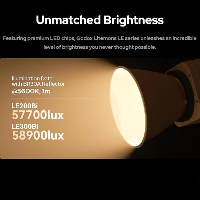 Godox Litemons LE300Bi COB Led Video Light,320W Power,2800-6500K CCT,58900 Lux@1m,Bowens Accessory Mount,Wired DMX/RDM,Bluetooth for Studio Photography Video Recording Live Streaming (White)