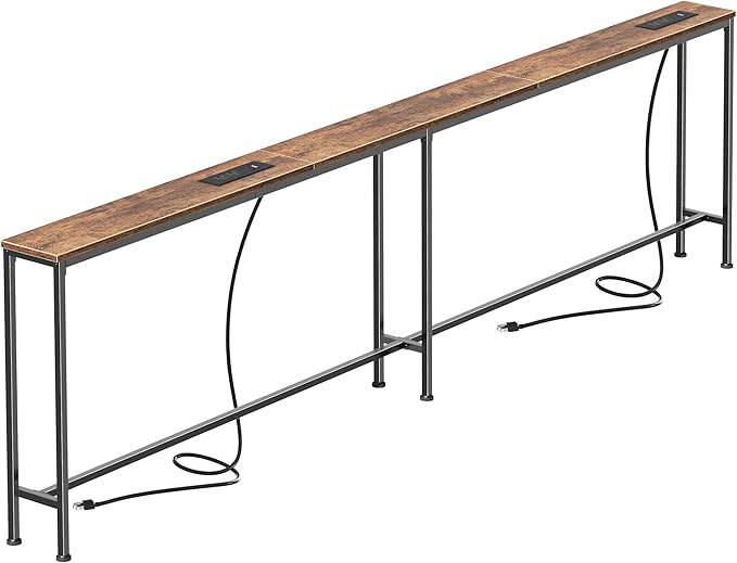 SUPERJARE 94.5 Inch Sofa Table with 2 Power Outlets and USB-C Ports, 5.9 Inch Narrow Console Table with Storage, Long Entryway Hallway Couch Table Behind Sofa, Small Spaces, Living Room, Rustic Brown