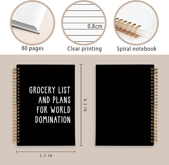 LIANGW Grocery List and Plans for World Domination Funny Notebooks Journal, Funny Gag Office Gifts for Coworkers, Office Notebooks, Funny Office Supplies, Black Hardcover Spiral Notebook 5.5x8.3 Inch