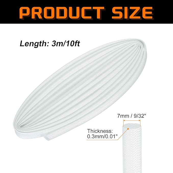 MECCANIXITY 10ft Braided Cable Sleeve, 9/32" ID 200C High Temperature 1500V Fiberglass Wire Insulation Cord Protector Organizer Wires Management for Motor Engine Fuel Line, White