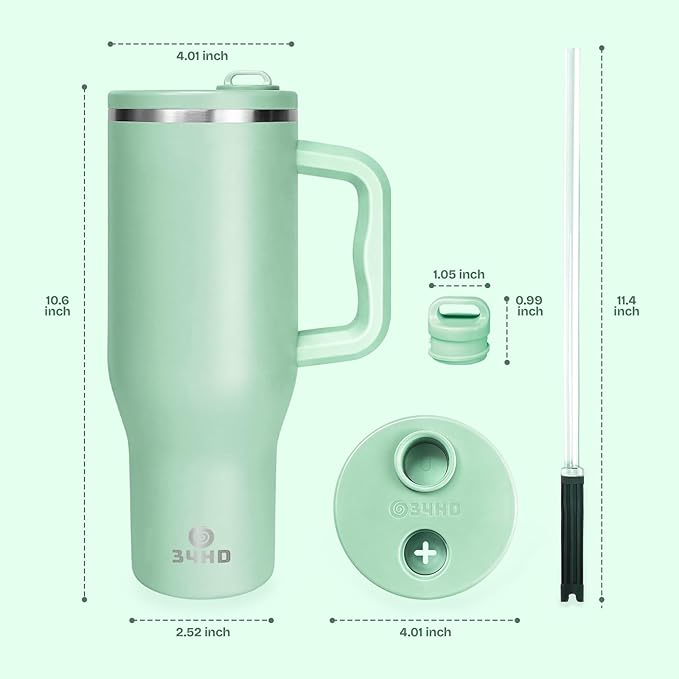 34HD 40 oz Stainless Steel Tumbler - Leakproof Insulated Water Bottle with Handle, Magnetic Lid and Flexible Straw - Iced for 48 Hours – Perfect for Men, Women, Birthday Gift, Green - Matcha Whisper