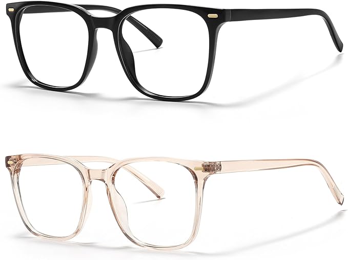 MACJERO 2-Pack Oversized Square Blue Light Blocking Glasses for Women Men, Anti-Fatigue Computer Monitor Gaming Glasses Reduce Eye Strain(Black+transparent Brown)