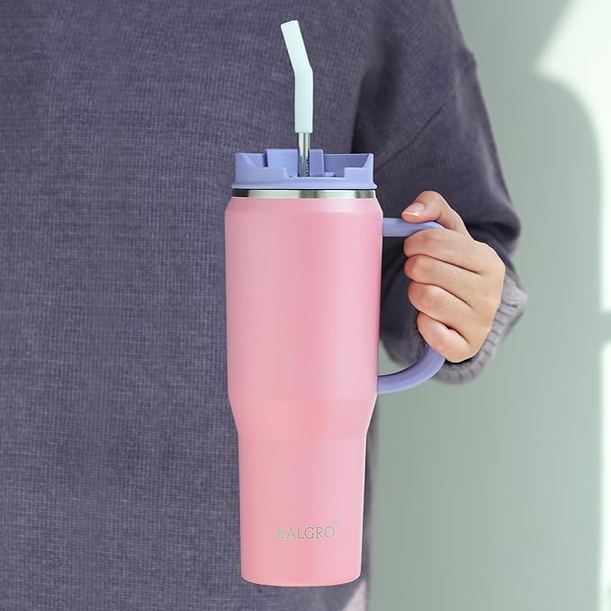 50 oz Tumbler with Handle, Insulated Tumblers with Lid and Straw, Large Metal Sports Water Bottle Jug, Thermal Stainless Steel Travel Coffee Mug Cup, Blush
