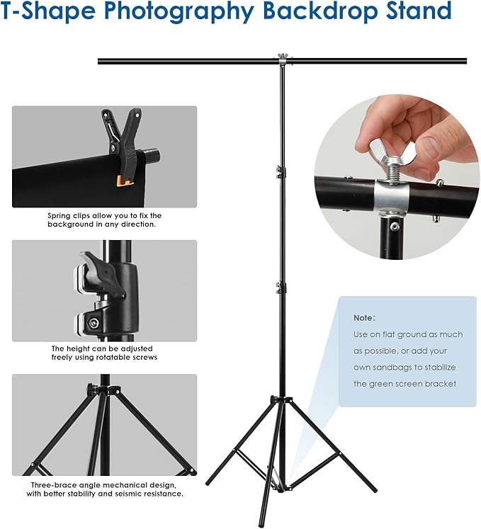 Black Screen Backdrop Kit, Portable Blackscreen Background with T-Shaped Stand, 5 Clamps & Carrying Bag for Photography, Streaming, Zoom, Gaming, (Black, 6.5 Feet X 5.0 Feet)